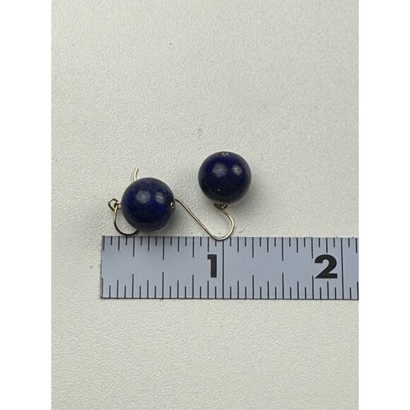 CU 14K Yellow Gold Hook Pierced Earrings Lapis Lazuli Round Drop Stone - Picture 2 of 10